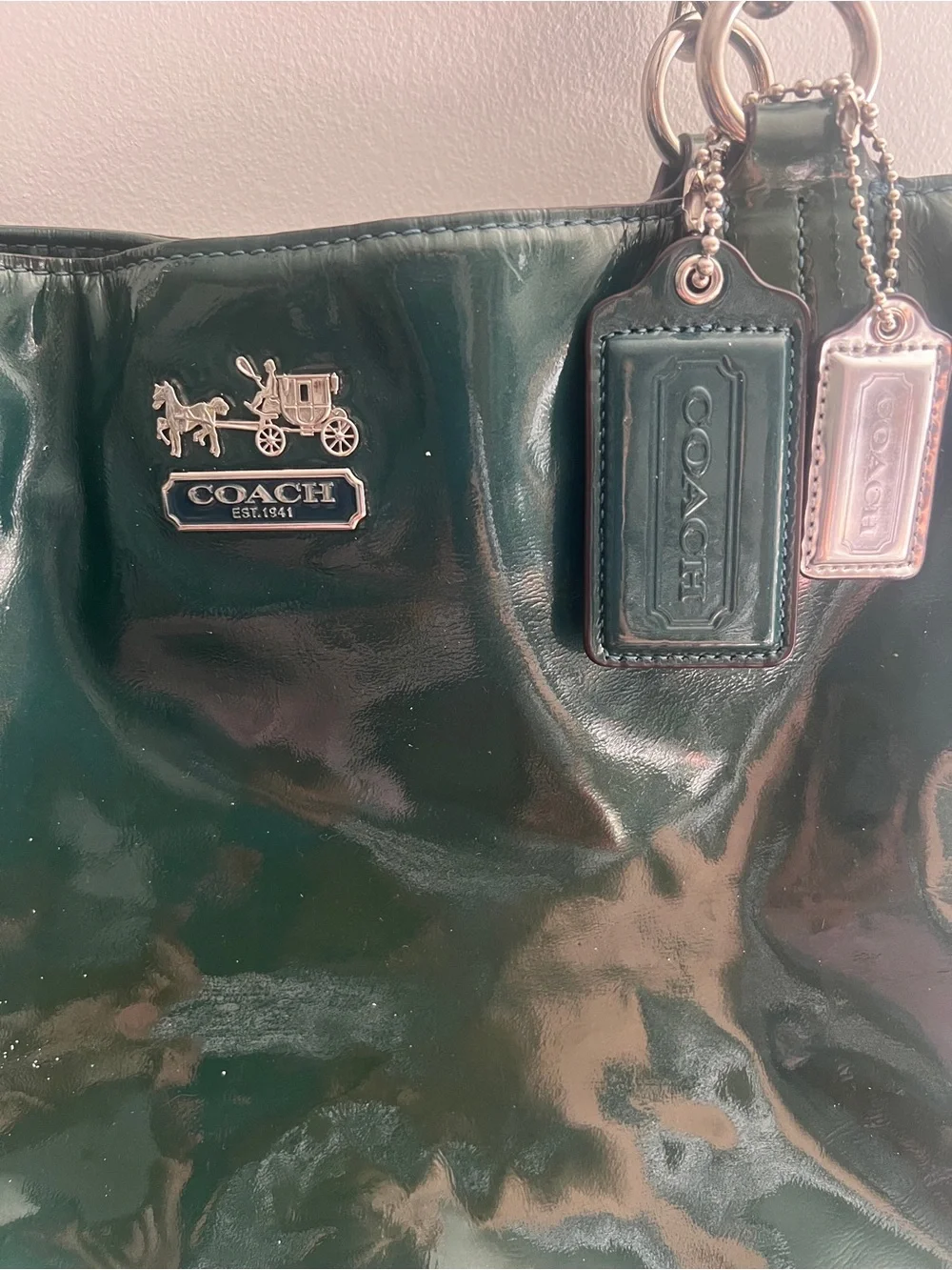 Coach Forest Green Patent Leather Tote with Chain-Accent Straps